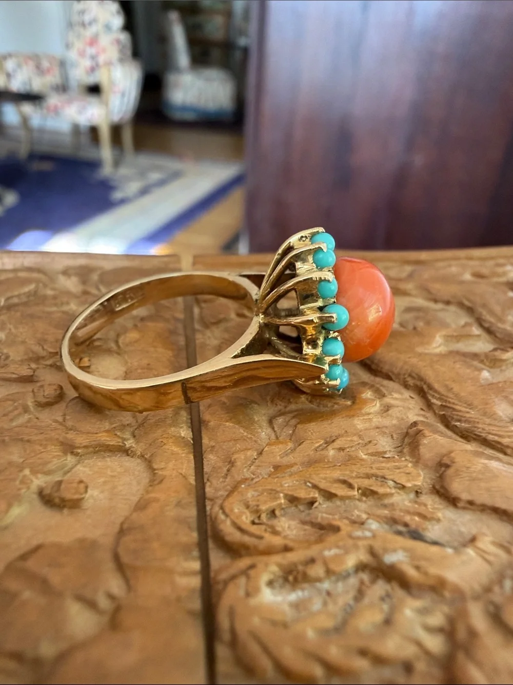 Vintage 14K Gold Sunburst ☀️Ring with Coral Center and Turquoise Halo